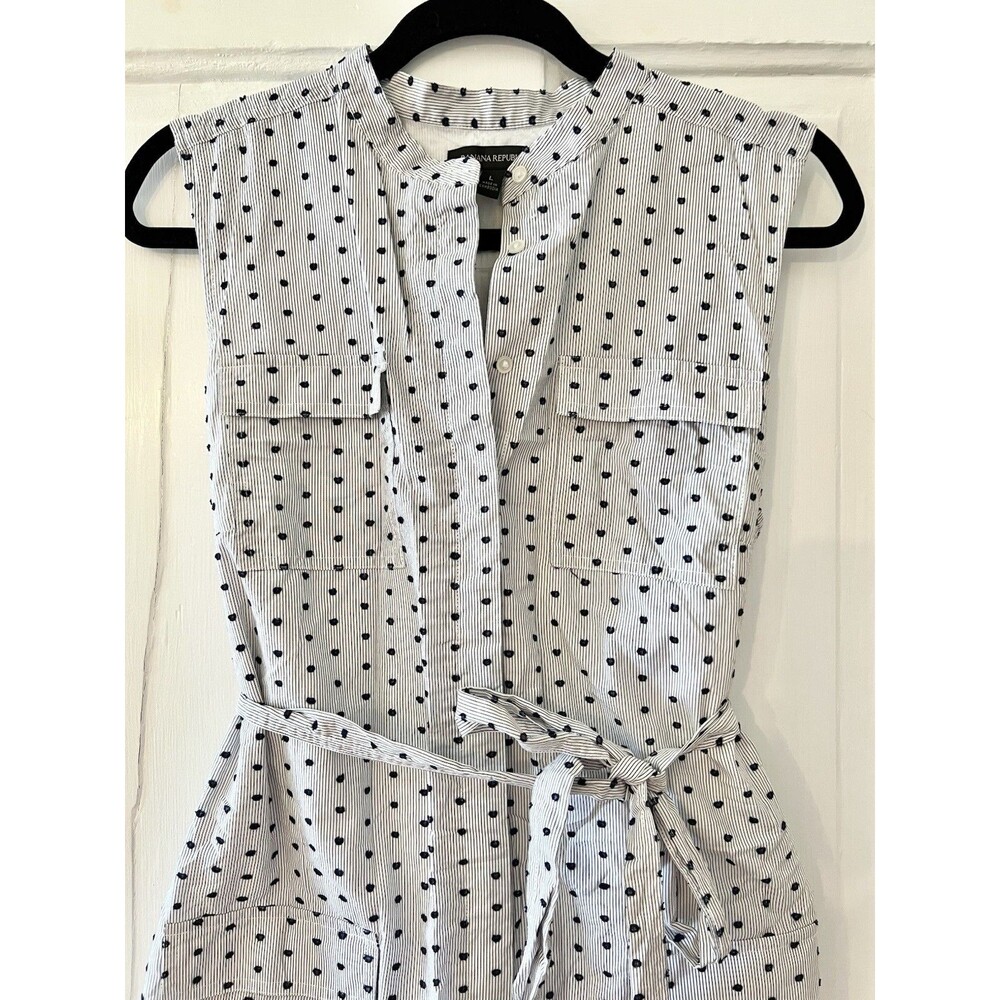 Banana Republic Midi Shirt Dress Workwear Polka Dot Pockets Tie Waist Sz Large - Picture 3 of 10